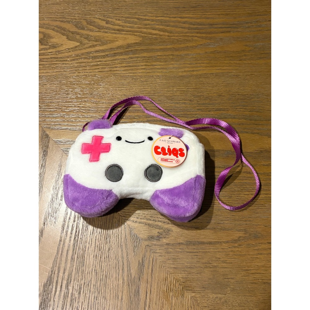 FAO Schwarz Cliqs Plush Video Game Controller Crossbody Handbag Purple White NWT